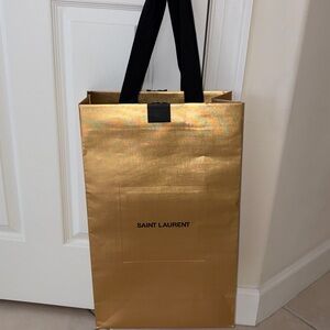 Gold Saint Laurent Shopping Bag 12.5”x 20.5”x 6 YSL Black Straps Logo EUC Empty